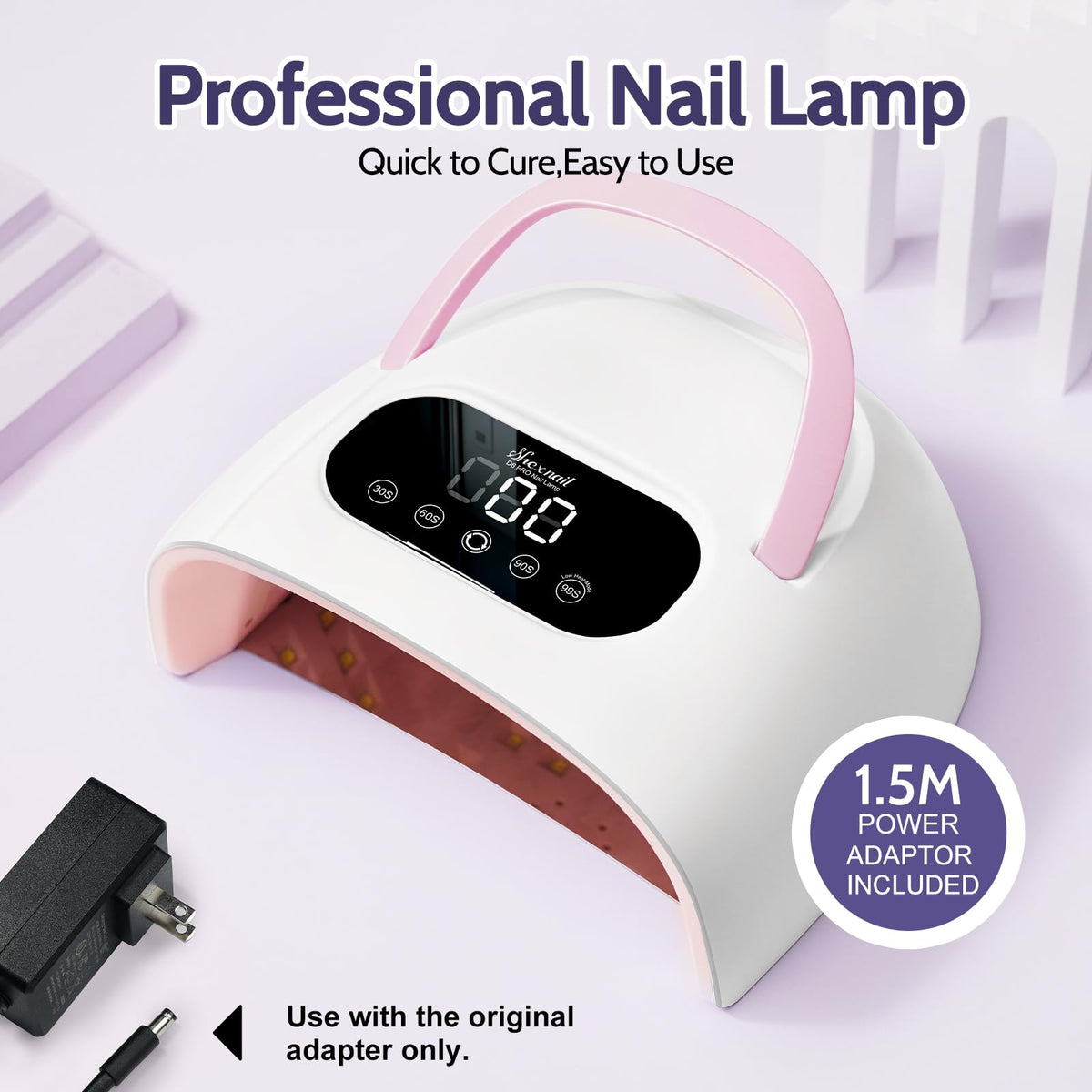 SHEXNAIL UV LED Nail Lamp 150W power with UL-certified adapter.