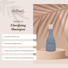 SHIBUI Clarifying Shampoo pour-action demonstrates deep cleanse for buildup removal.