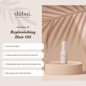 SHIBUI Replenishing Hair Oil closeup gloss boosts natural luster without heaviness.