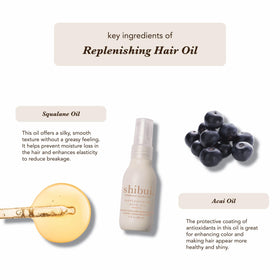 SHIBUI Replenishing Hair Oil applied to damp hair for frizz control and smooth finish.