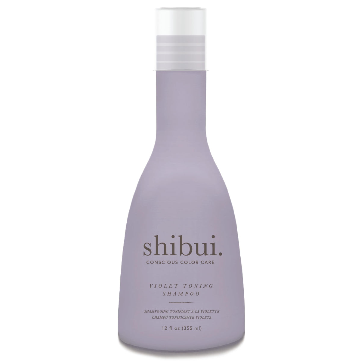 SHIBUI Violet Toning Shampoo bottle on a counter, highlighting brassiness neutralization.