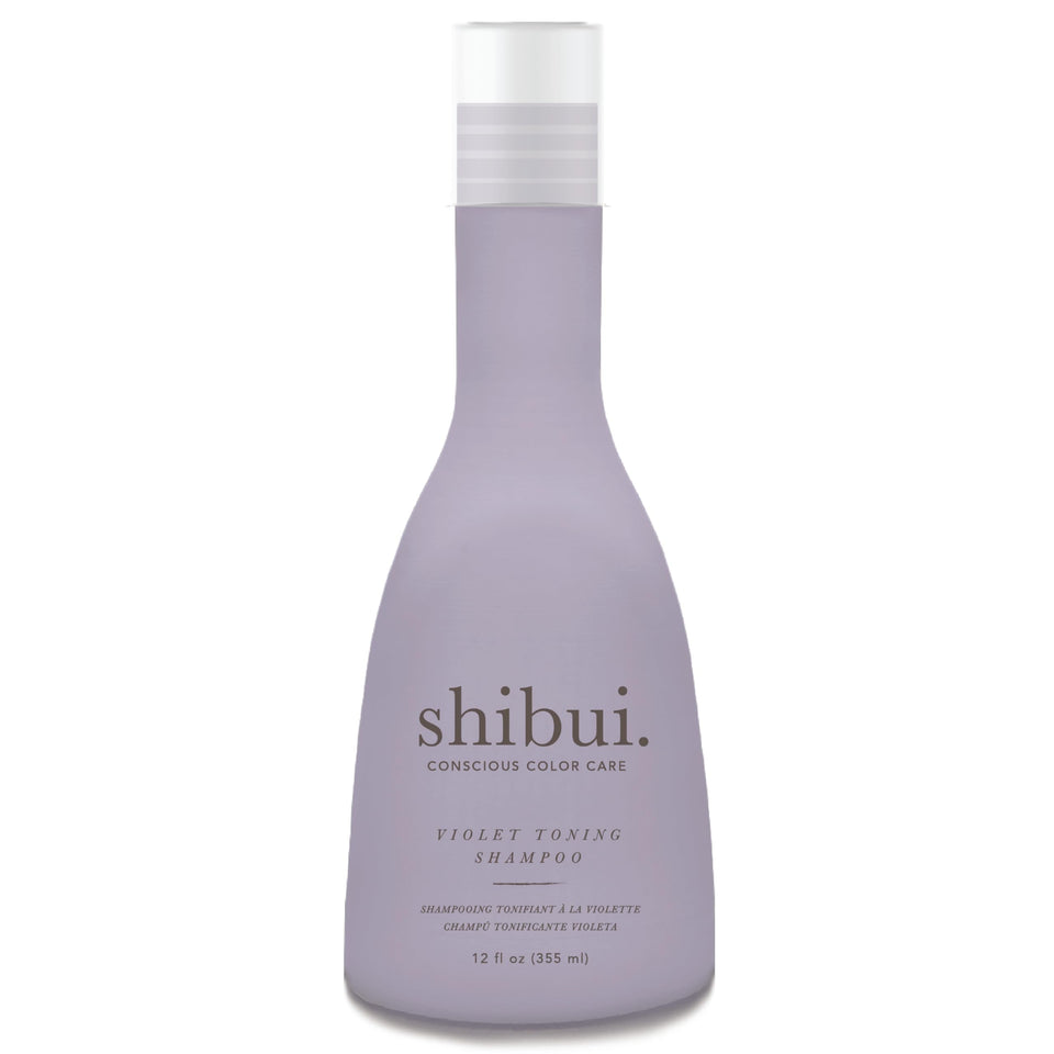 SHIBUI Violet Toning Shampoo bottle on a counter, highlighting brassiness neutralization.