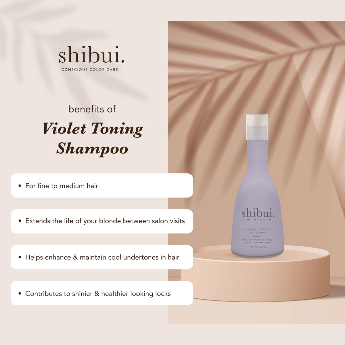 SHIBUI Violet Toning Shampoo label closeup highlighting vegan, color-safe formula.