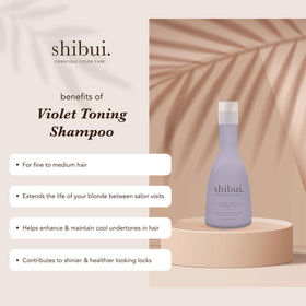 SHIBUI Violet Toning Shampoo label closeup highlighting vegan, color-safe formula.