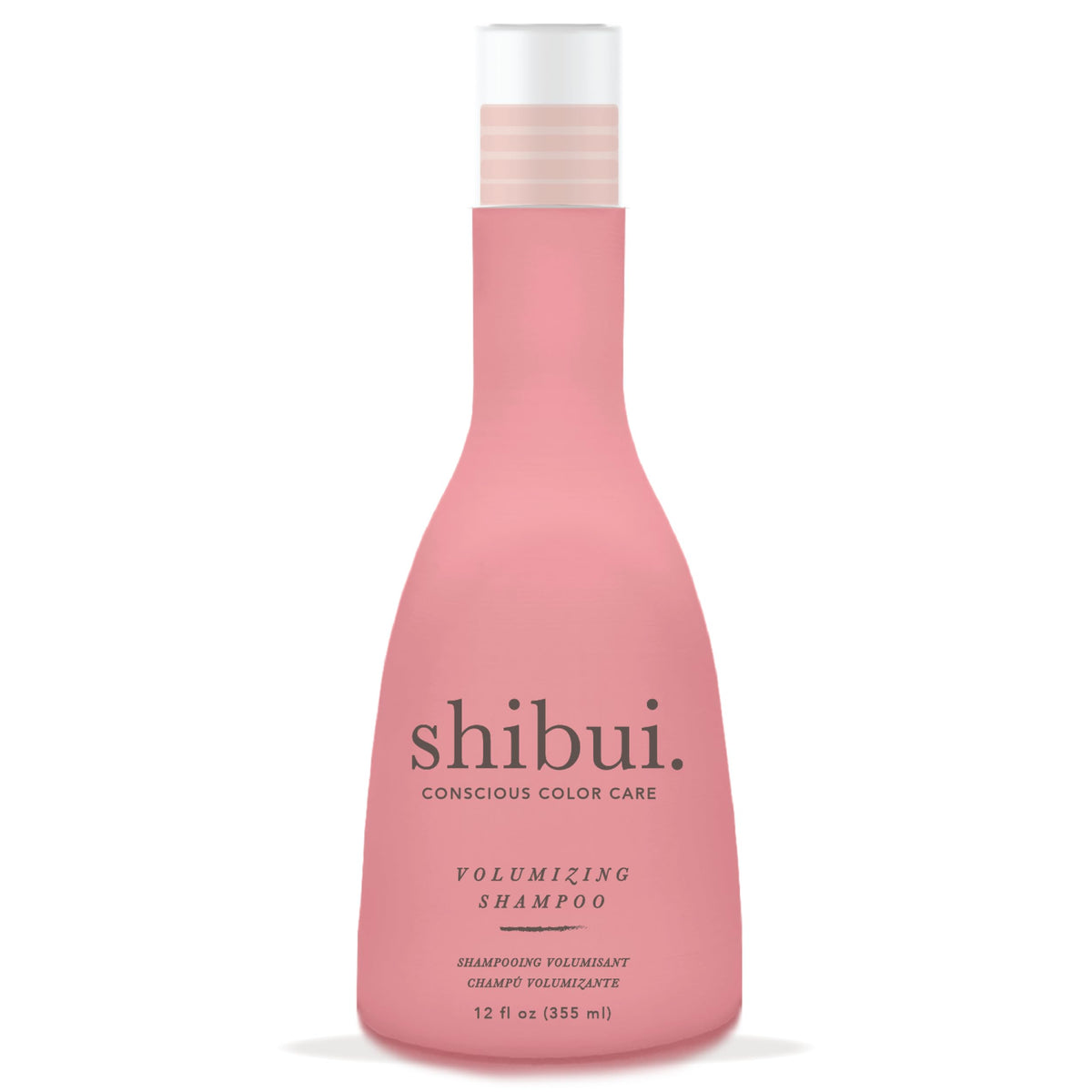 SHIBUI Volumizing Shampoo bottle showing spirulina and cucumber extract for color-safe cleanse