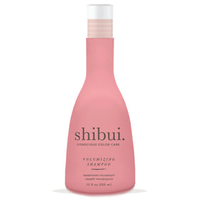 SHIBUI Volumizing Shampoo bottle showing spirulina and cucumber extract for color-safe cleanse