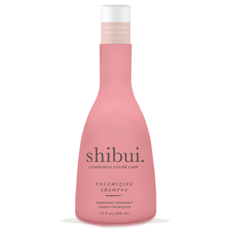 SHIBUI Volumizing Shampoo bottle showing spirulina and cucumber extract for color-safe cleanse