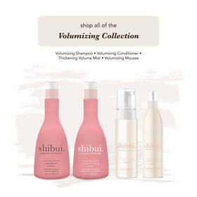 SHIBUI Volumizing Shampoo near a mirror suggests vibrant, lifted hair