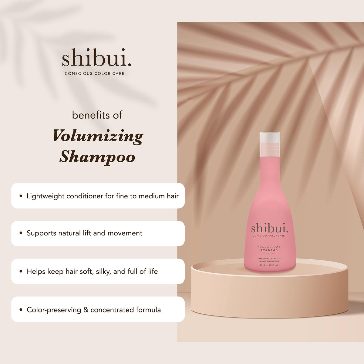SHIBUI Volumizing Shampoo bottle with pump demonstrates easy, lightweight cleansing for fine hair