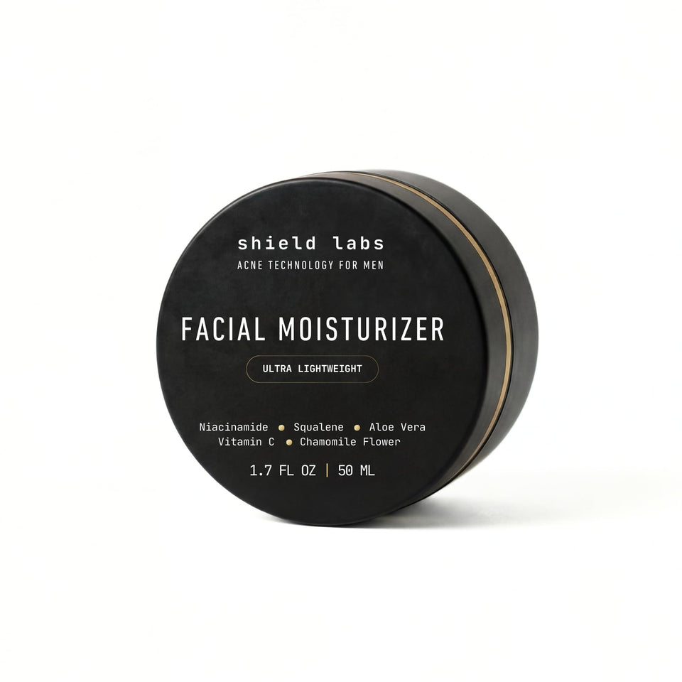 Shield facial moisturizer bottle showing lightweight non greasy hydration for daily use
