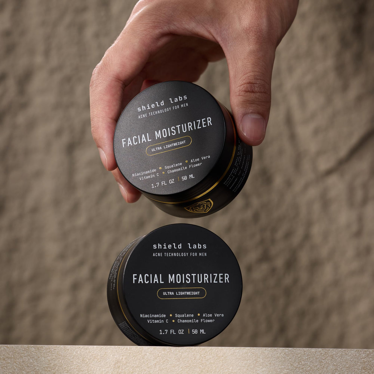 Close-up of Shield moisturizer texture showing quick absorption and non-greasy finish
