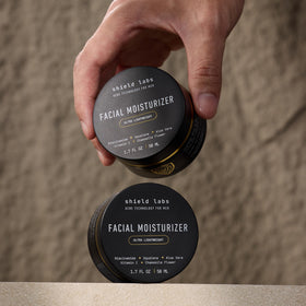 Close-up of Shield moisturizer texture showing quick absorption and non-greasy finish