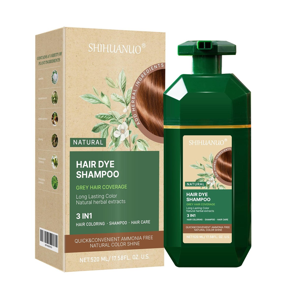 SHIHUANUO Chestnut Brown dye shampoo bottle for at-home color and convenience.