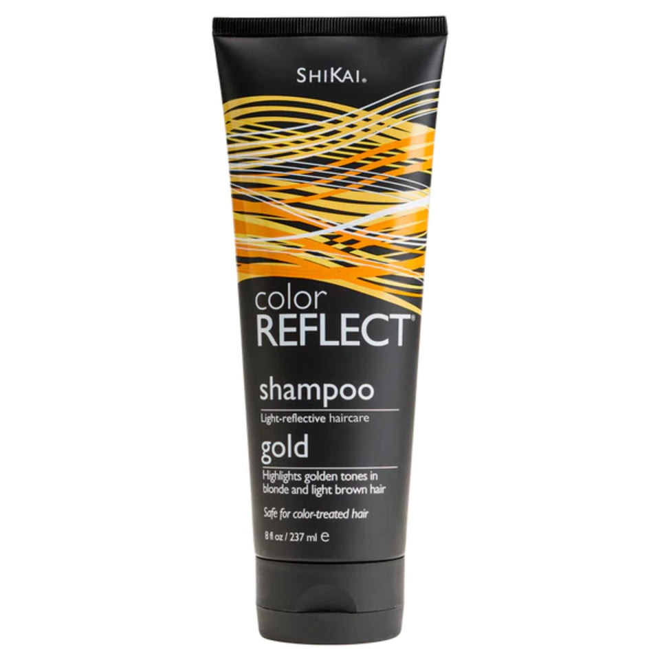 ShiKai Color Reflect Gold Shampoo bottle pour highlighting golden tones and supporting color longevity.