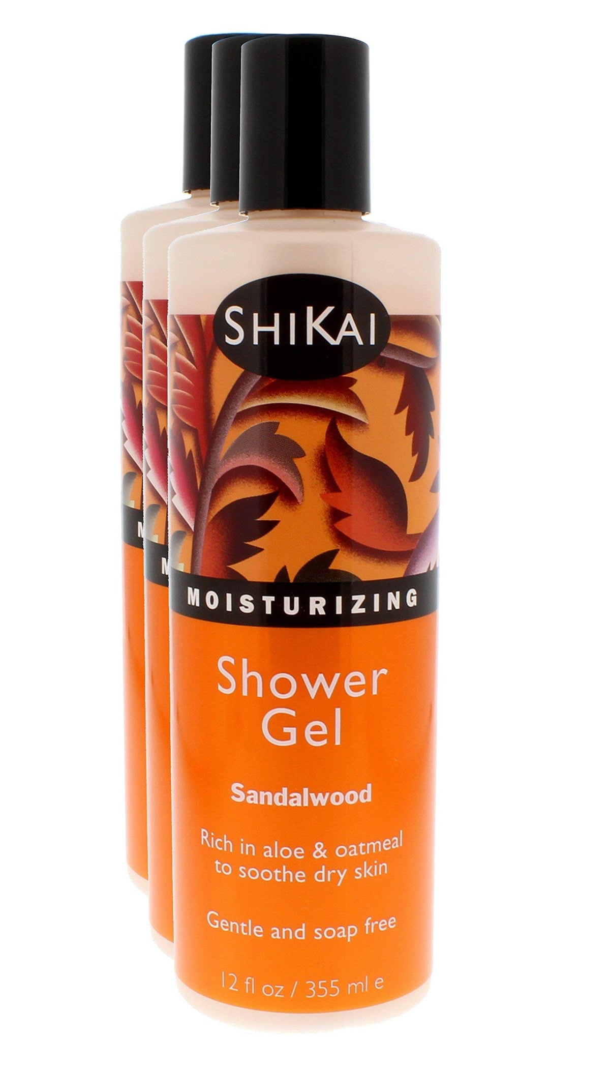 ShiKai Daily Moisturizing Shower Gel bottle pours sandalwood for skin hydration.