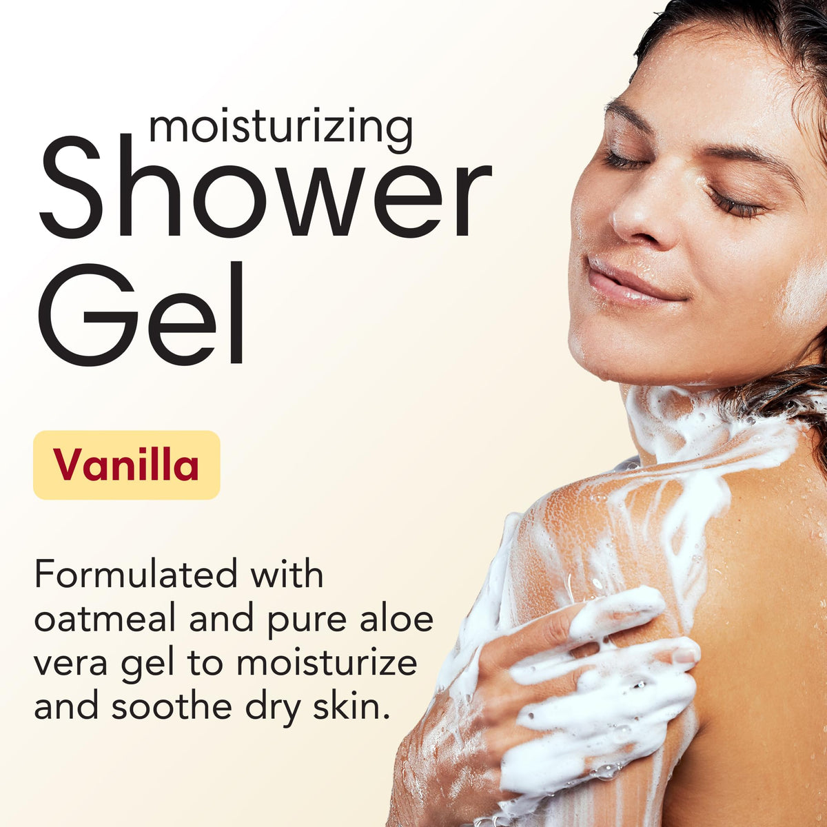 Shikai vanilla shower gel label highlighting aloe and oatmeal soothing formula.