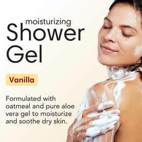 Shikai vanilla shower gel label highlighting aloe and oatmeal soothing formula.