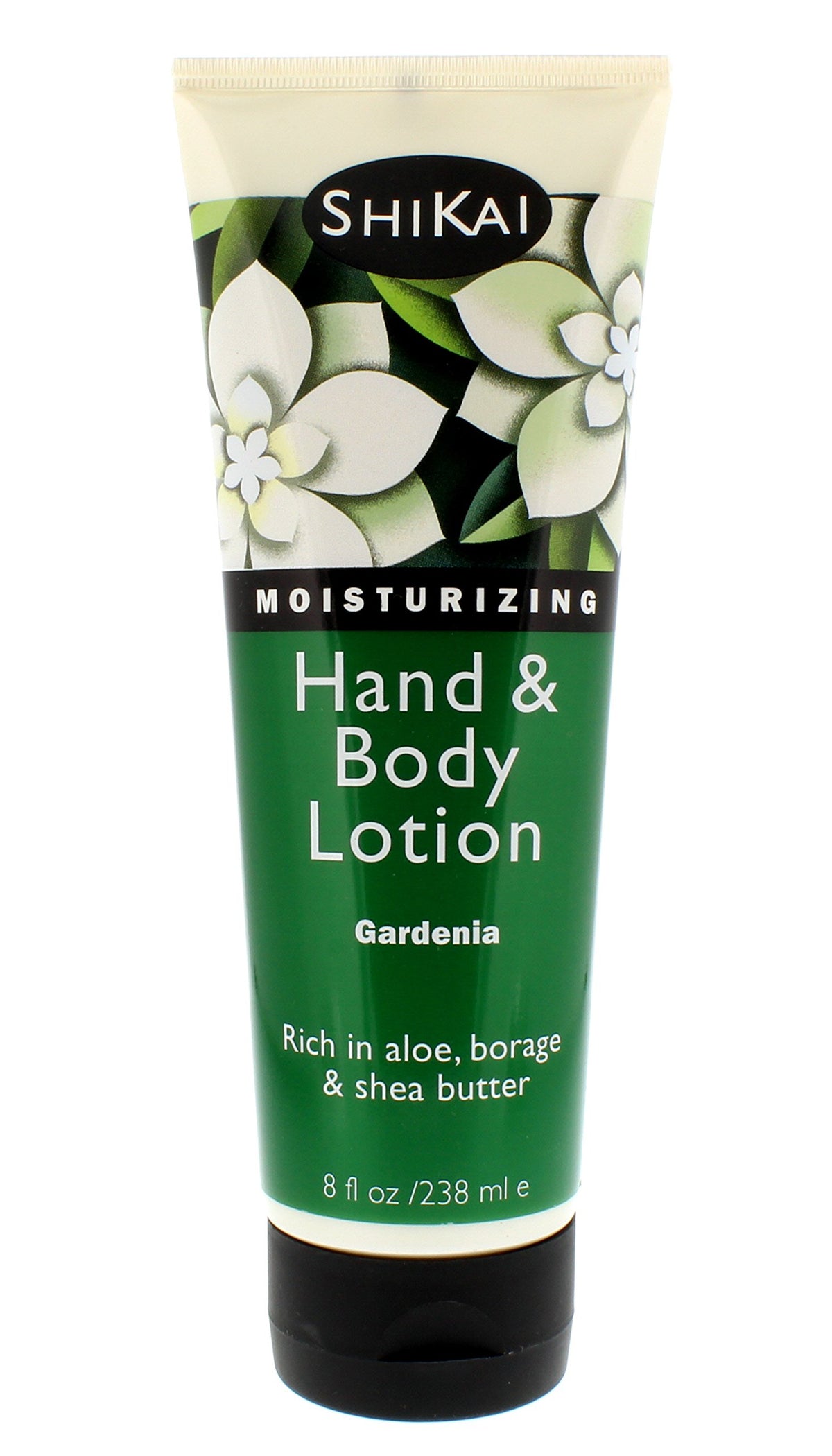ShiKai Gardenia Lotion being applied to hands for moisturized skin.
