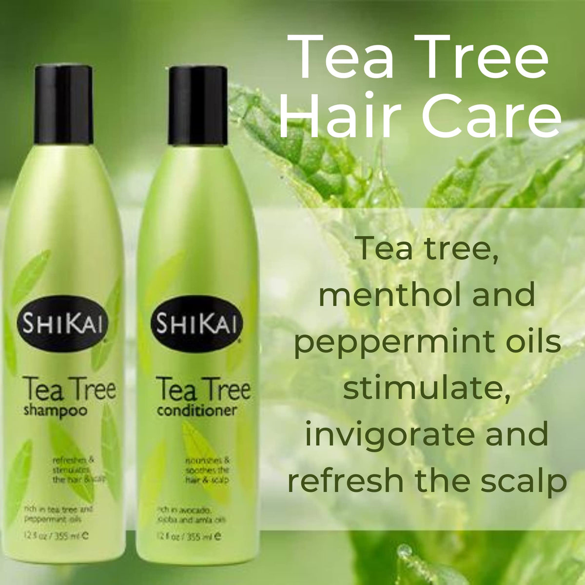 ShiKai Tea Tree Conditioner ingredient view showing tea tree and peppermint.
