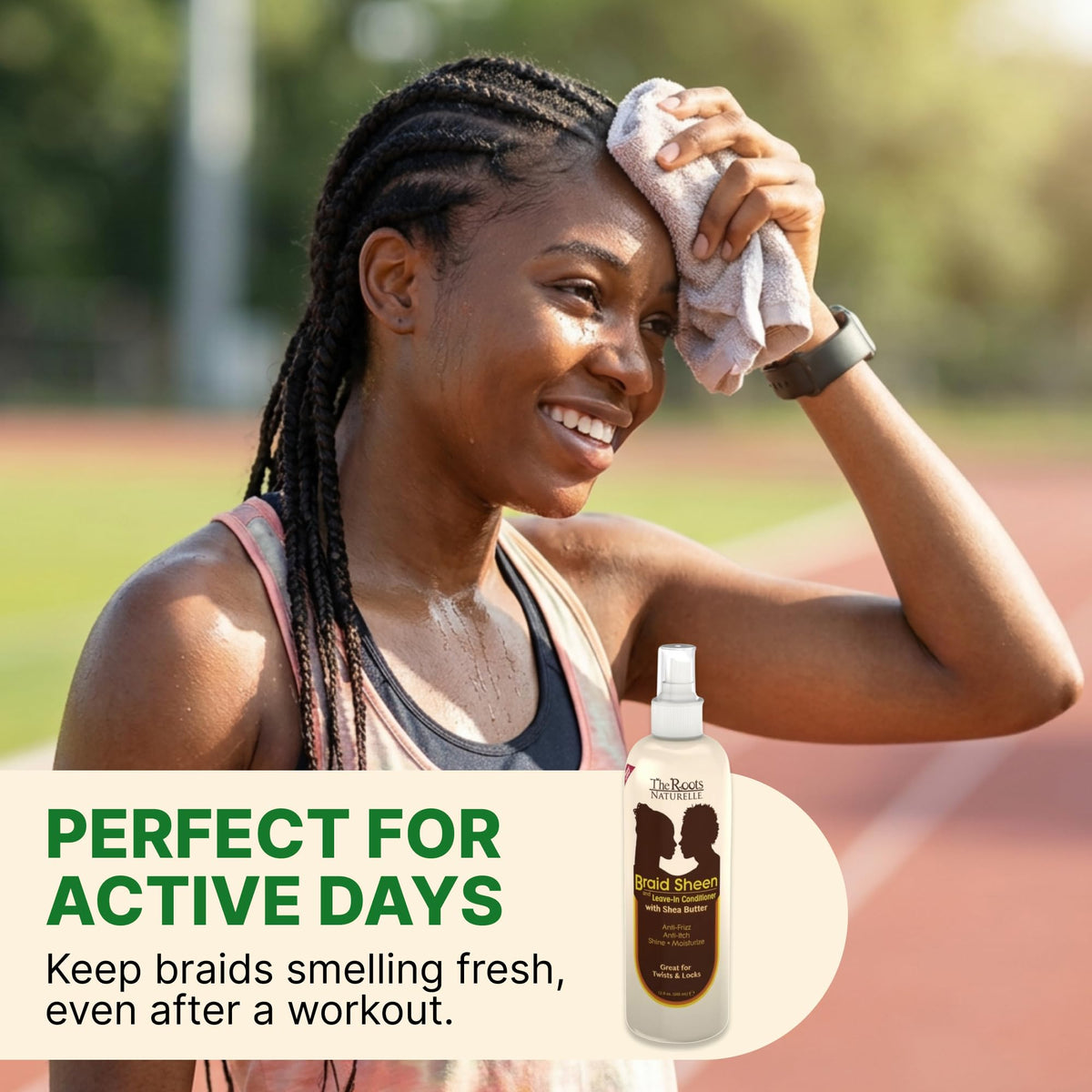 The Roots Naturelle Braid Sheen Spray delivers shine and vibrant braids.