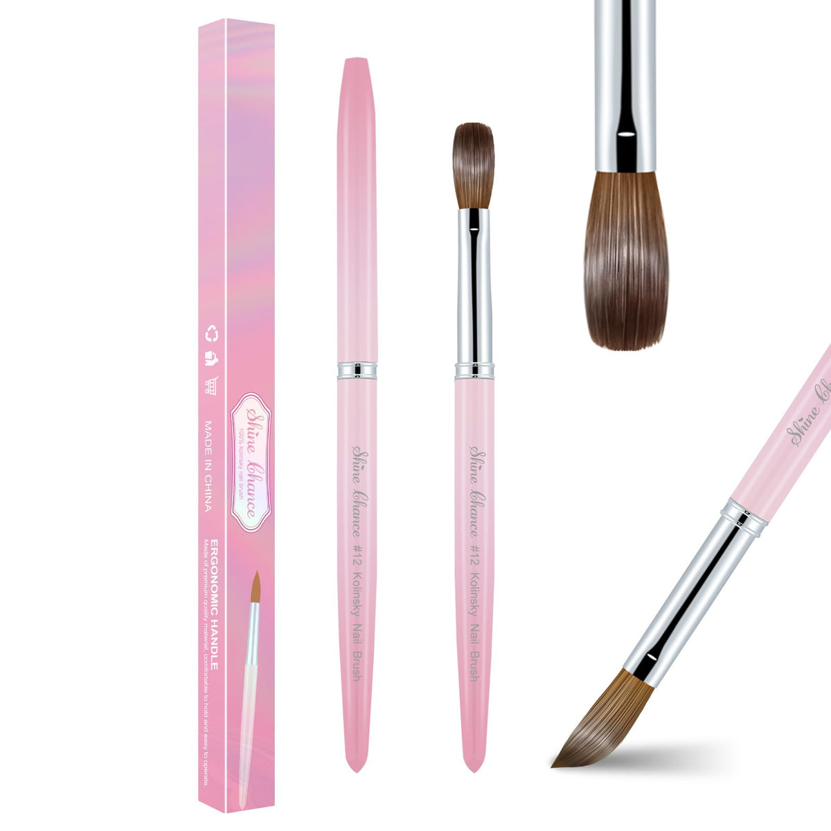 Shine Chance acrylic nail brush Size 12 bristles close-up for smooth powder pickup.