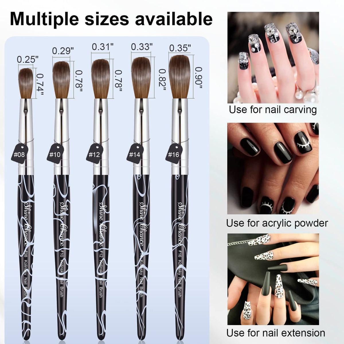 Shine Chance durable handle with brass ferrule for long-lasting manicuring sessions.