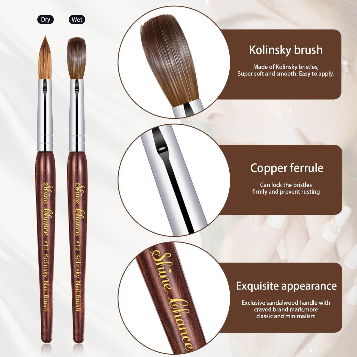 Shine Chance Kolinsky sable hair bristles offer flexible, soft control for precise lines.