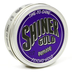 Shiner Gold Psycho Hold Pomade tin close-up highlights extreme hold and premium finish
