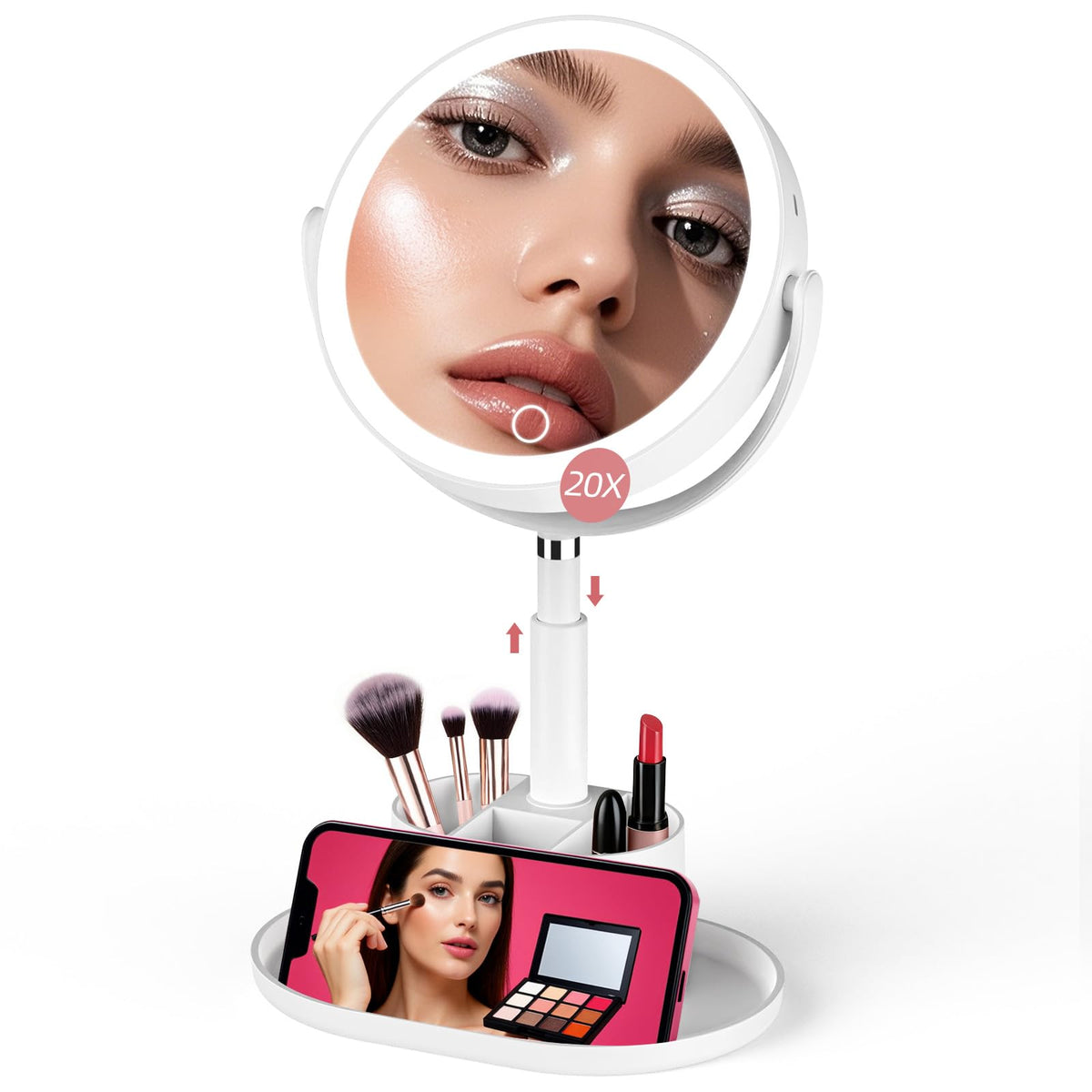 Shinowa makeup mirror with 1X/20X magnification for precise makeup work.