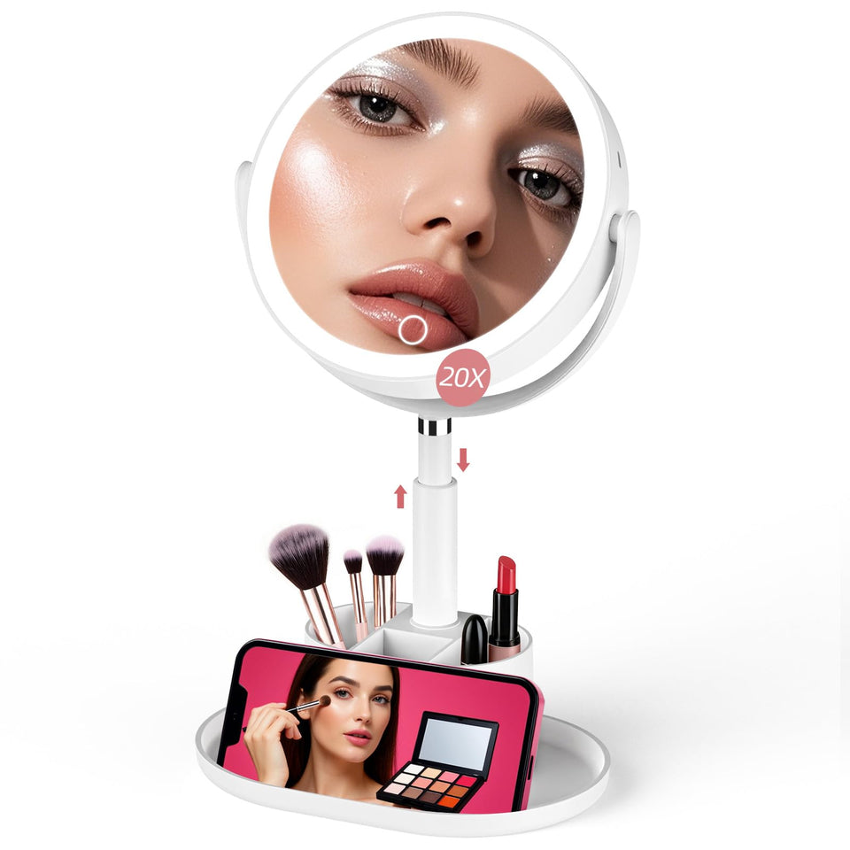 Shinowa makeup mirror with 1X/20X magnification for precise makeup work.