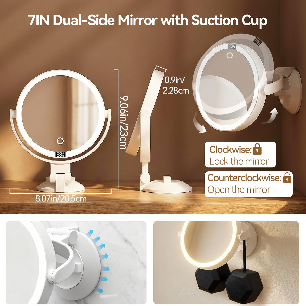 Shinowa rechargeable makeup mirror with 2000mAh battery for cordless use