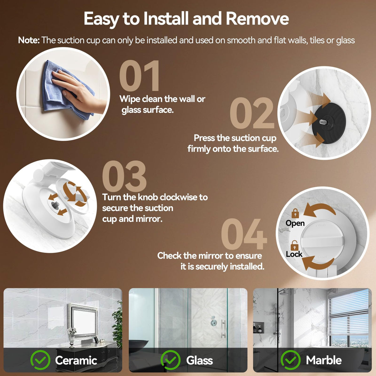 Shinowa suction-mount design secures the mirror on smooth surfaces without clutter