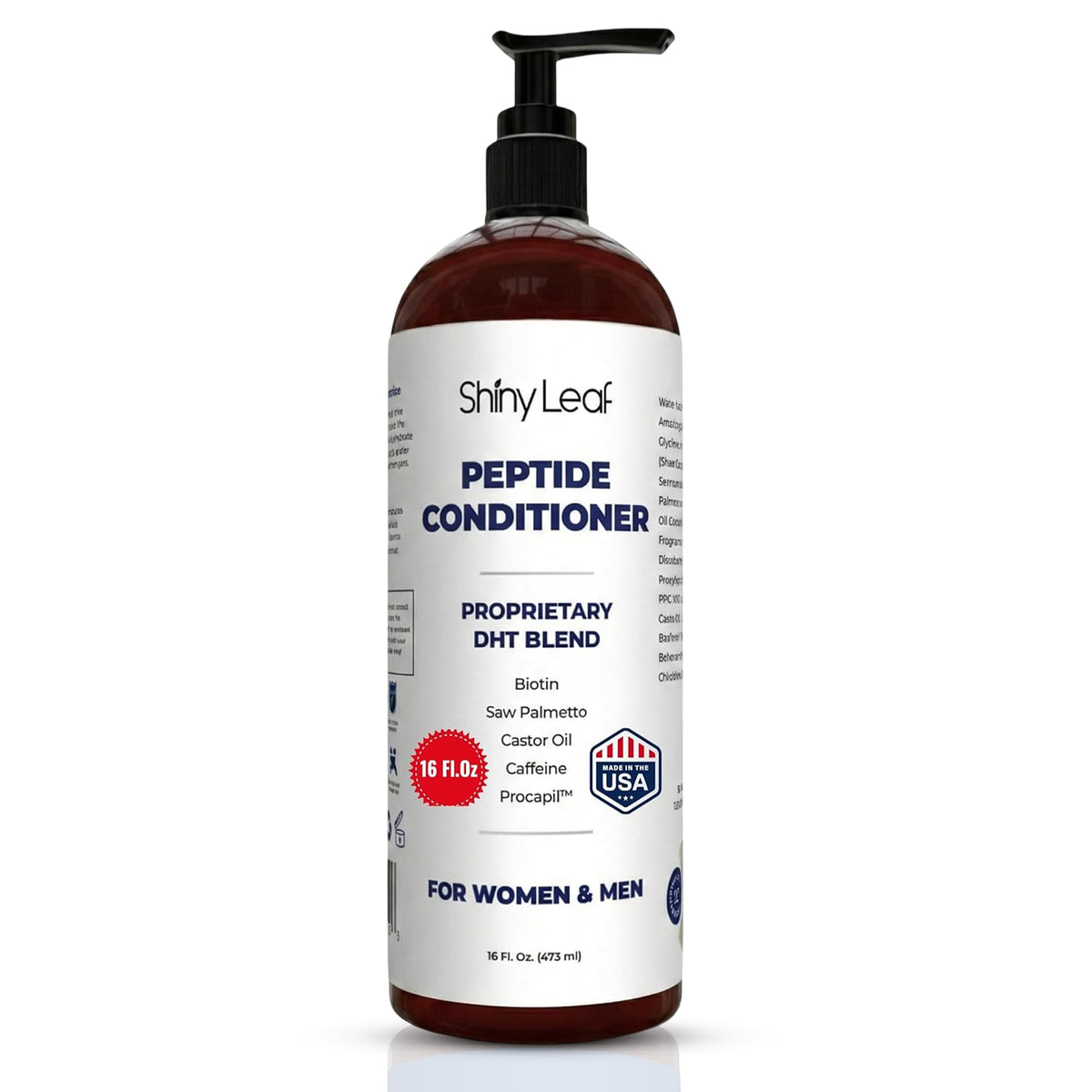 Shiny Leaf Peptide Conditioner bottle shown for daily hair strengthening and fuller-looking strands