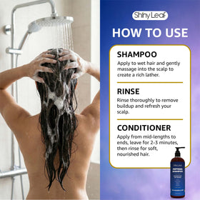 Shiny Leaf shampoo bottle back highlights sulfate-free formula and no parabens