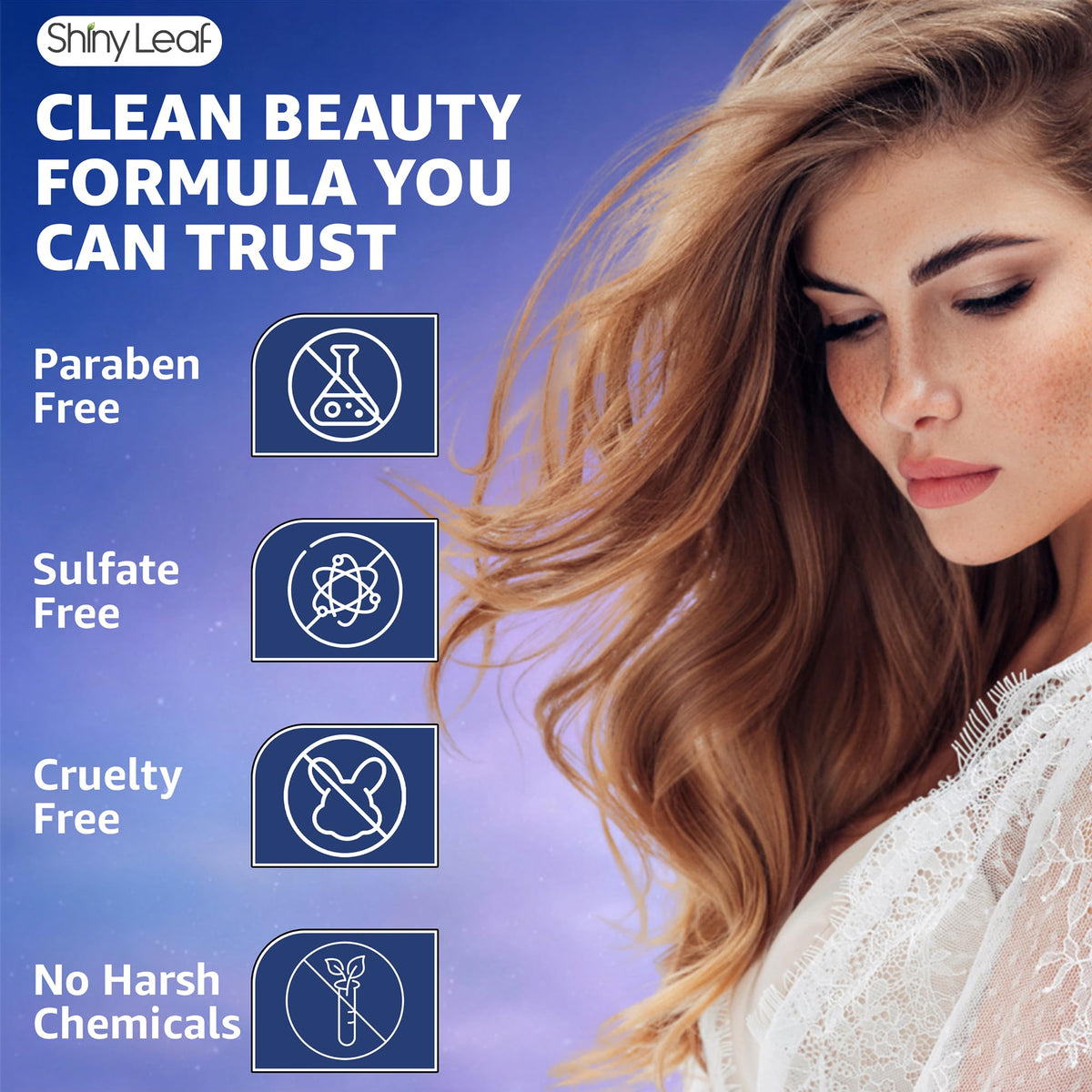 Shiny Leaf shampoo foam close-up suggests gentle cleansing and added volume