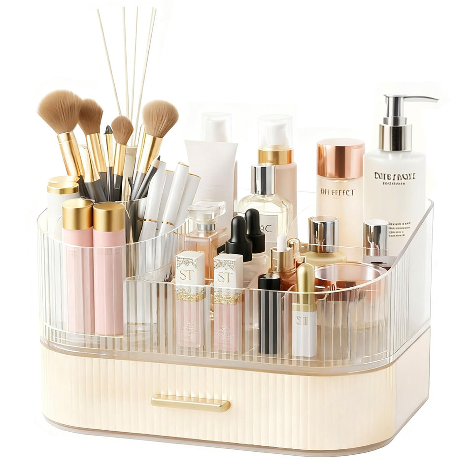 ShinyDew makeup organizer with 360° rotating brush holder for quick tool selection.