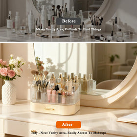 ShinyDew drawer holds palettes and masks without crowding on the counter.