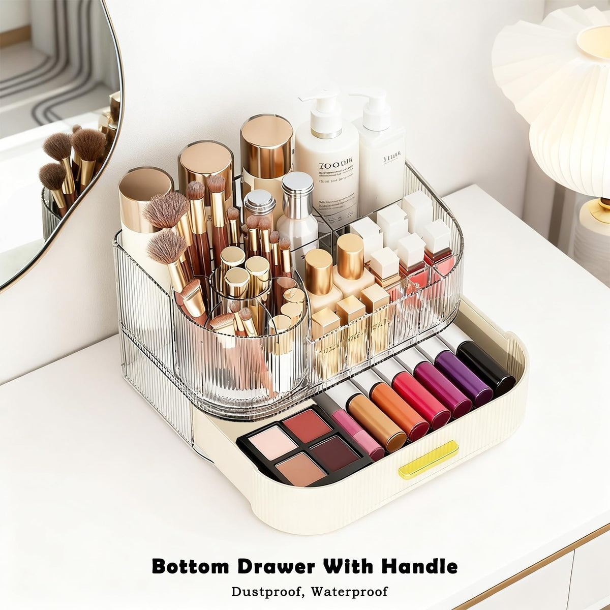 ShinyDew transparent cream-gold organizer adds modern aesthetic to the surface.