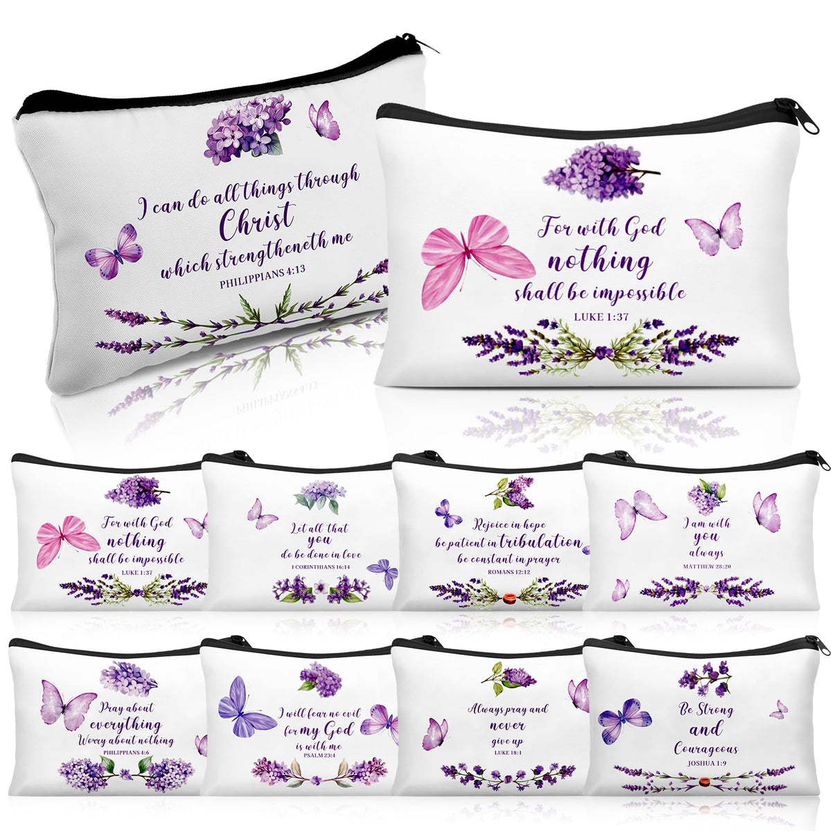 Shinylin Bible verse canvas makeup bag with purple butterfly and lavender motif for daily inspiration