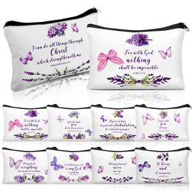 Shinylin Bible verse canvas makeup bag with purple butterfly and lavender motif for daily inspiration