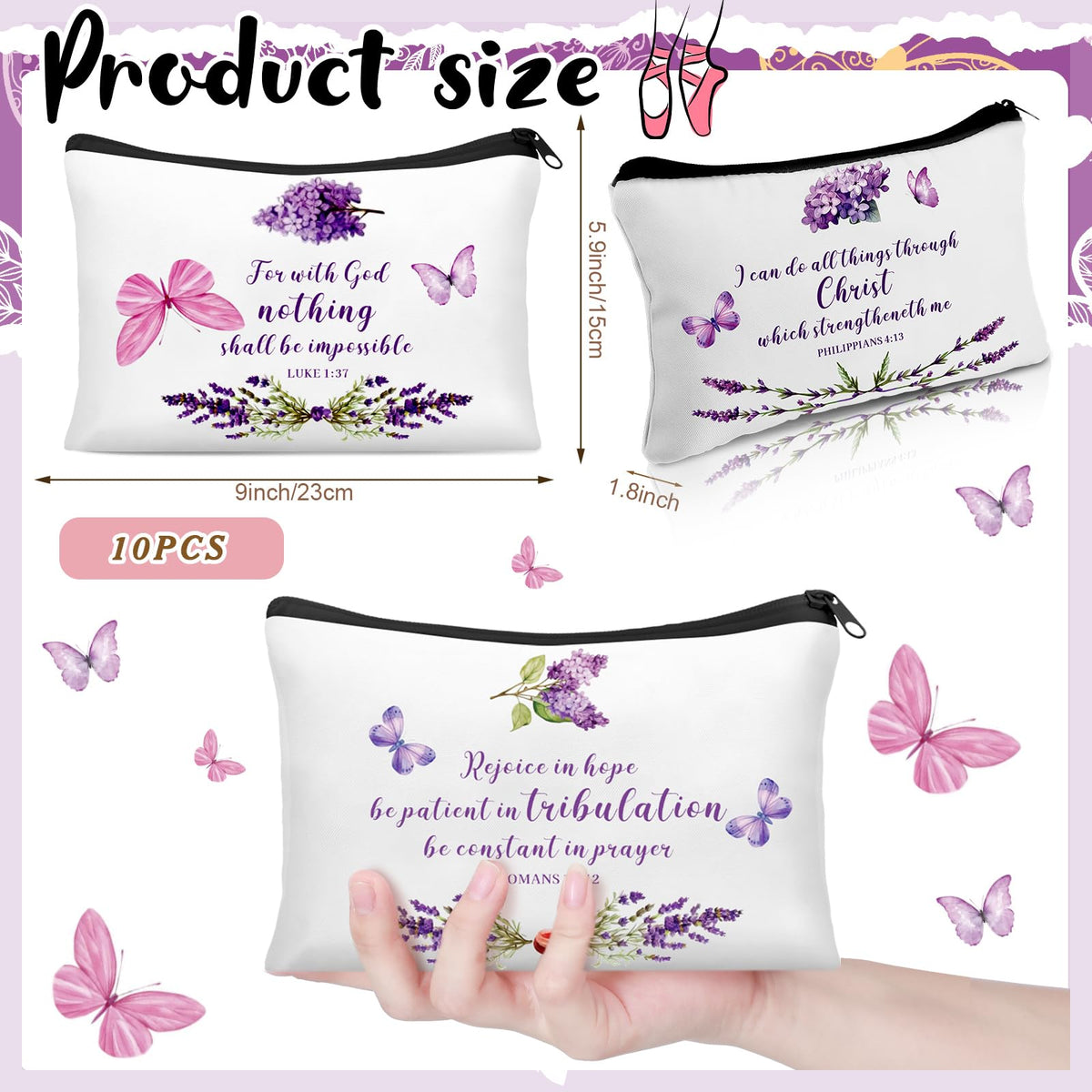Shinylin makeup bag featuring Bible verse design and lavender hues for travel organization