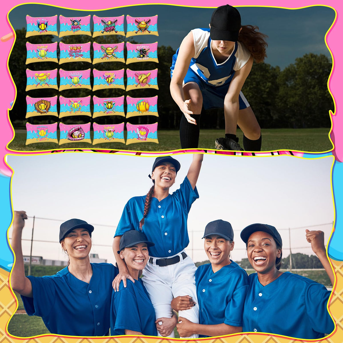 Shinylin ice cream drip design on a softball bag, a cute team gift idea.