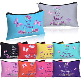 Shinylin You Are butterfly canvas makeup bag in blue, ideal for travel and daily organization.