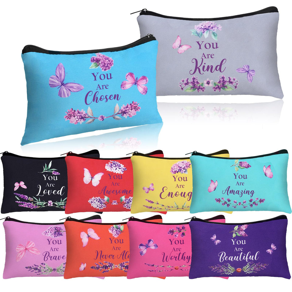 Shinylin You Are butterfly canvas makeup bag in blue, ideal for travel and daily organization.