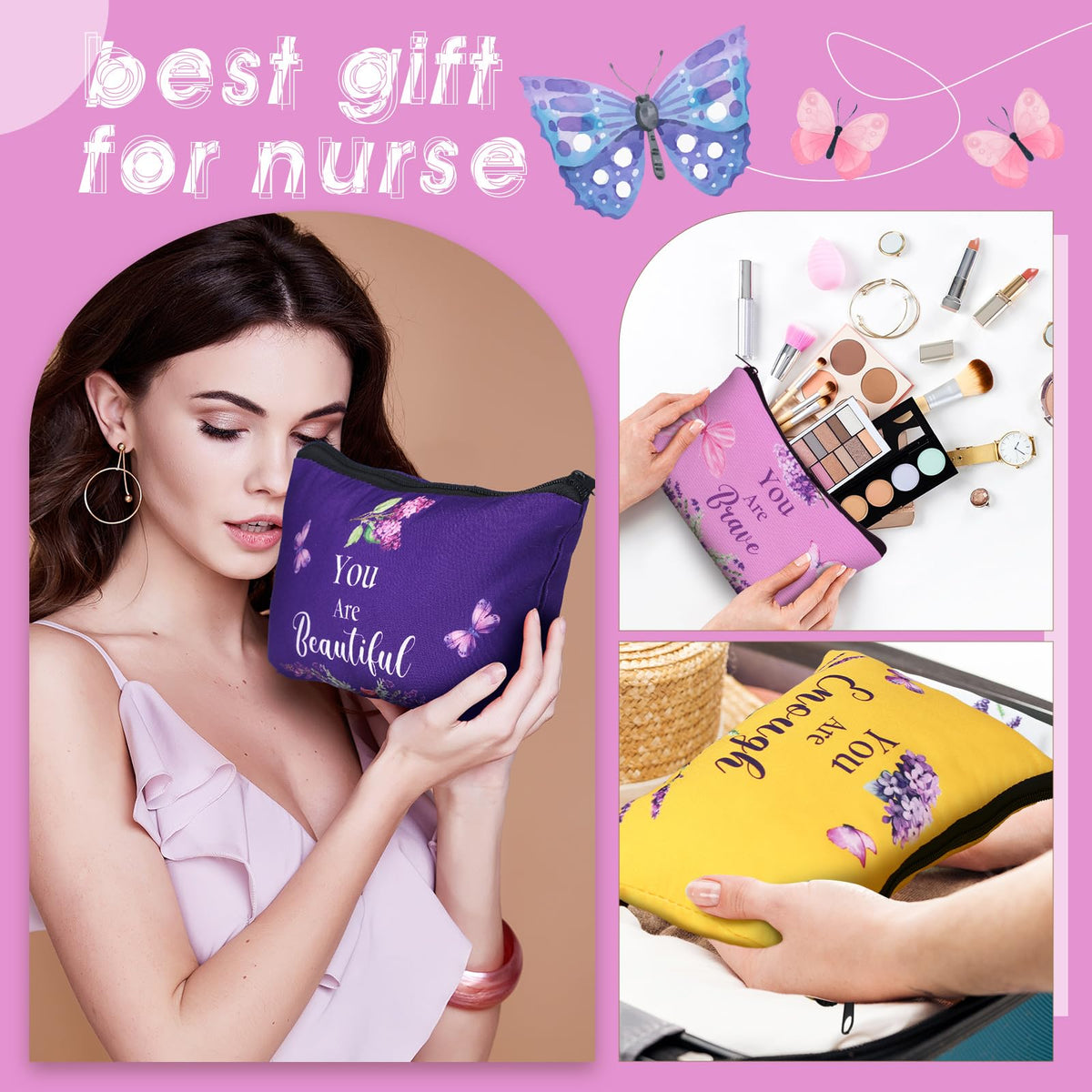 Shinylin You Are butterfly canvas makeup bag in turquoise, roomy travel pouch for cosmetics.