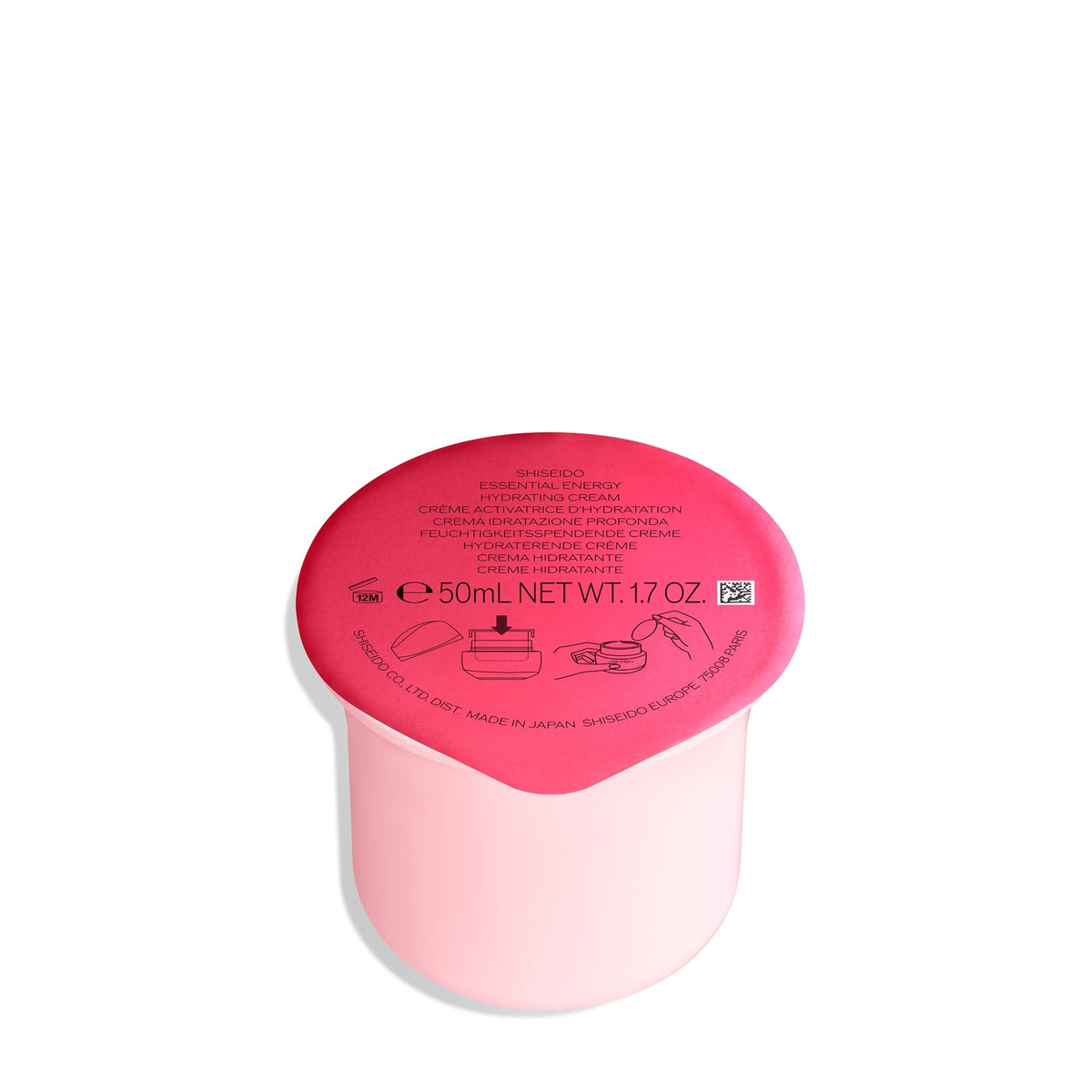 Shiseido Essential Energy Hydrating Cream refill bottle supports 24-hour hydration and daily skincare.