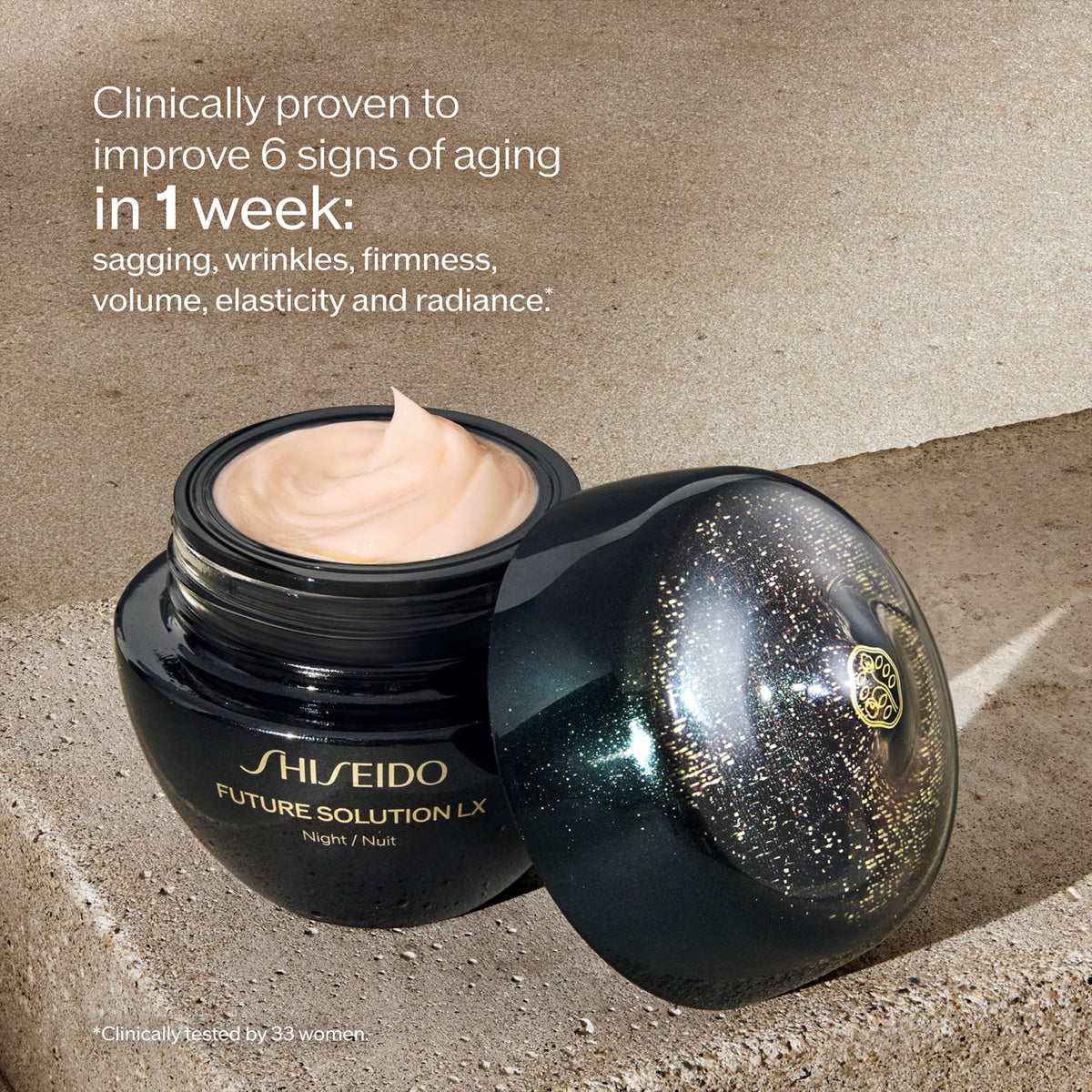 Shiseido Future Solution LX swirl texture highlighting luxurious night care.