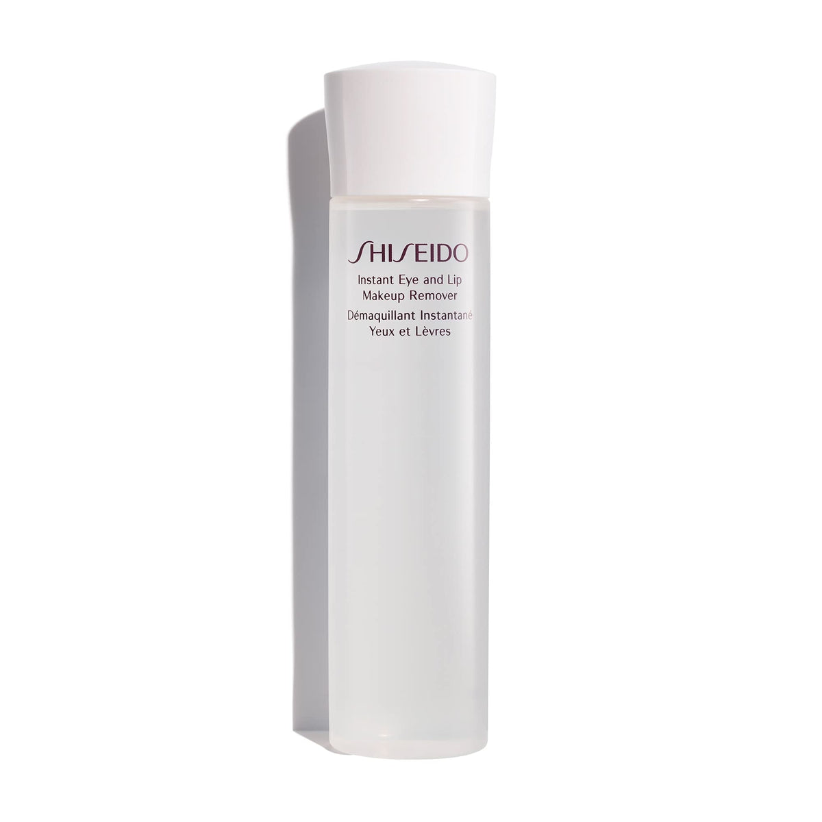 Shiseido Instant Eye & Lip Remover bottle, dual-phase formula dissolving waterproof makeup.