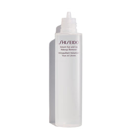 Shiseido Instant Eye & Lip Remover on cotton pad, lifts long-wearing makeup gently.
