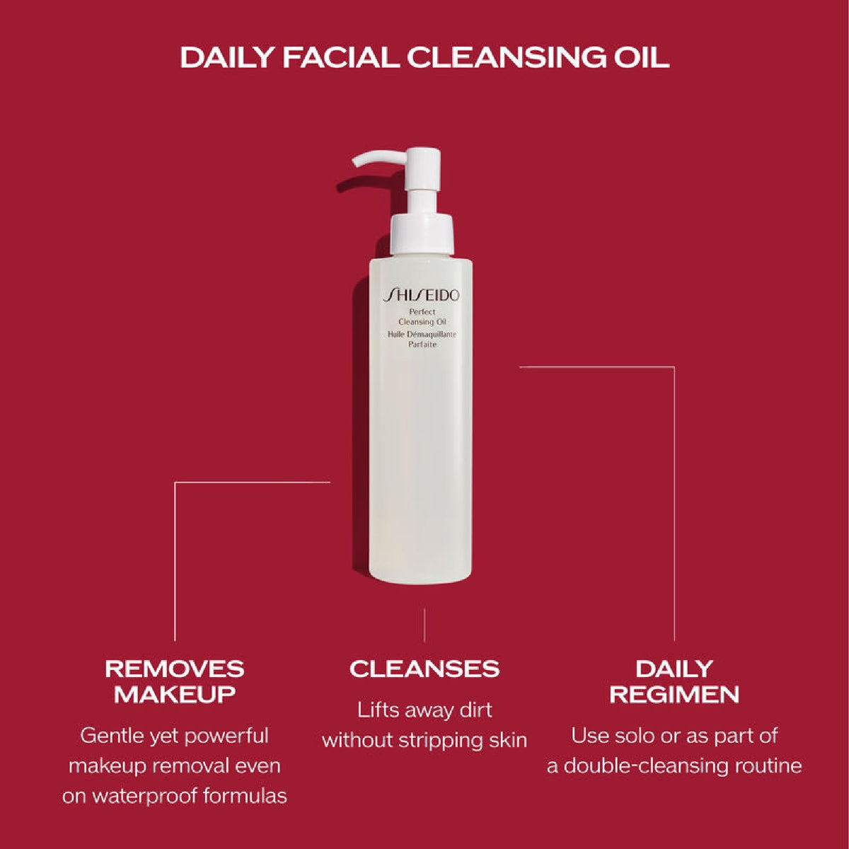 Shiseido Perfect Cleansing Oil massage on wet skin to dissolve waterproof makeup.